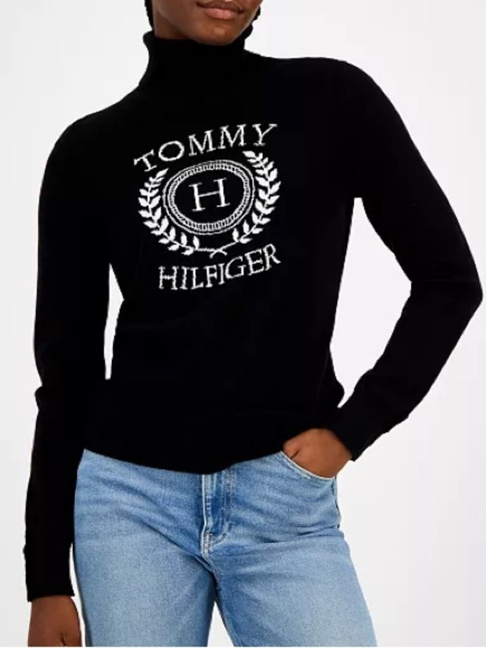 Tommy Hilfiger Black Turtleneck Sweater with White Crest Logo